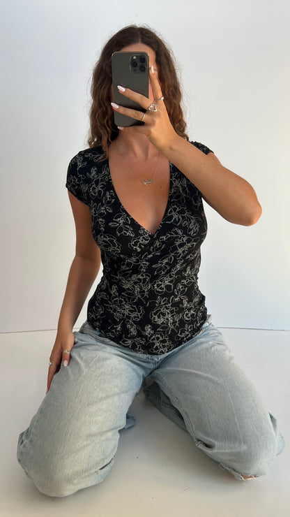 00s black floral top- size M