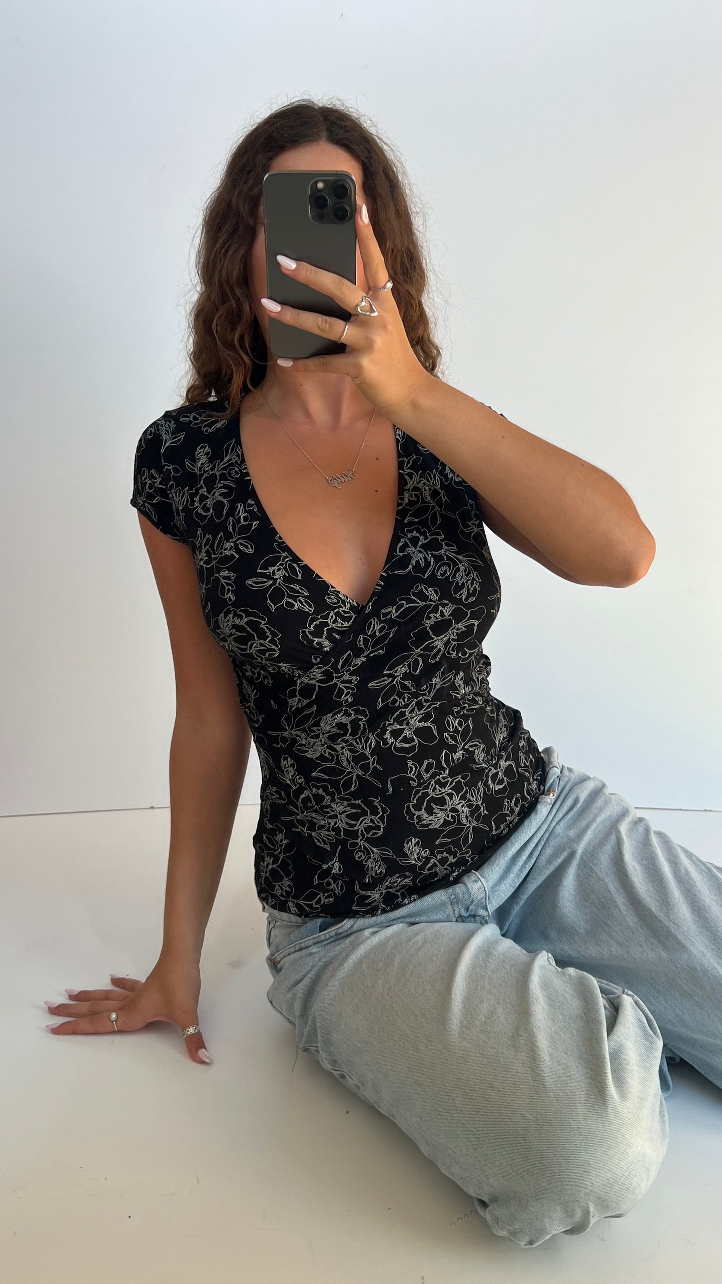 00s black floral top- size M