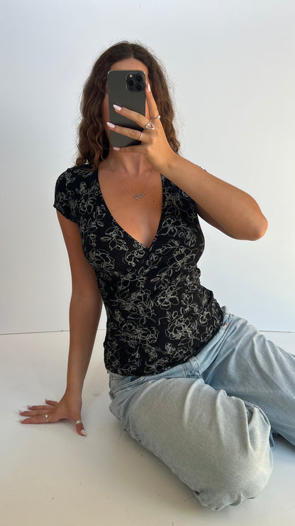 00s black floral top- size M