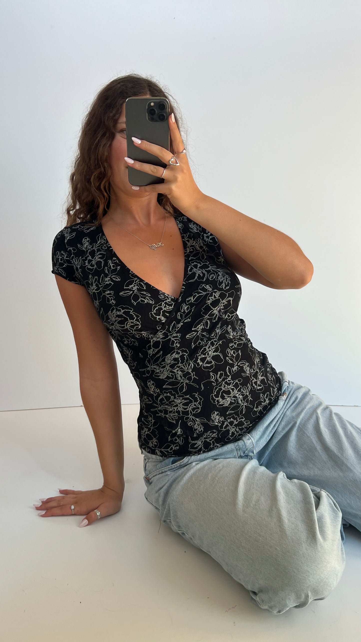 00s black floral top- size M