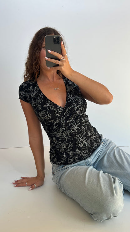 00s black floral top- size M