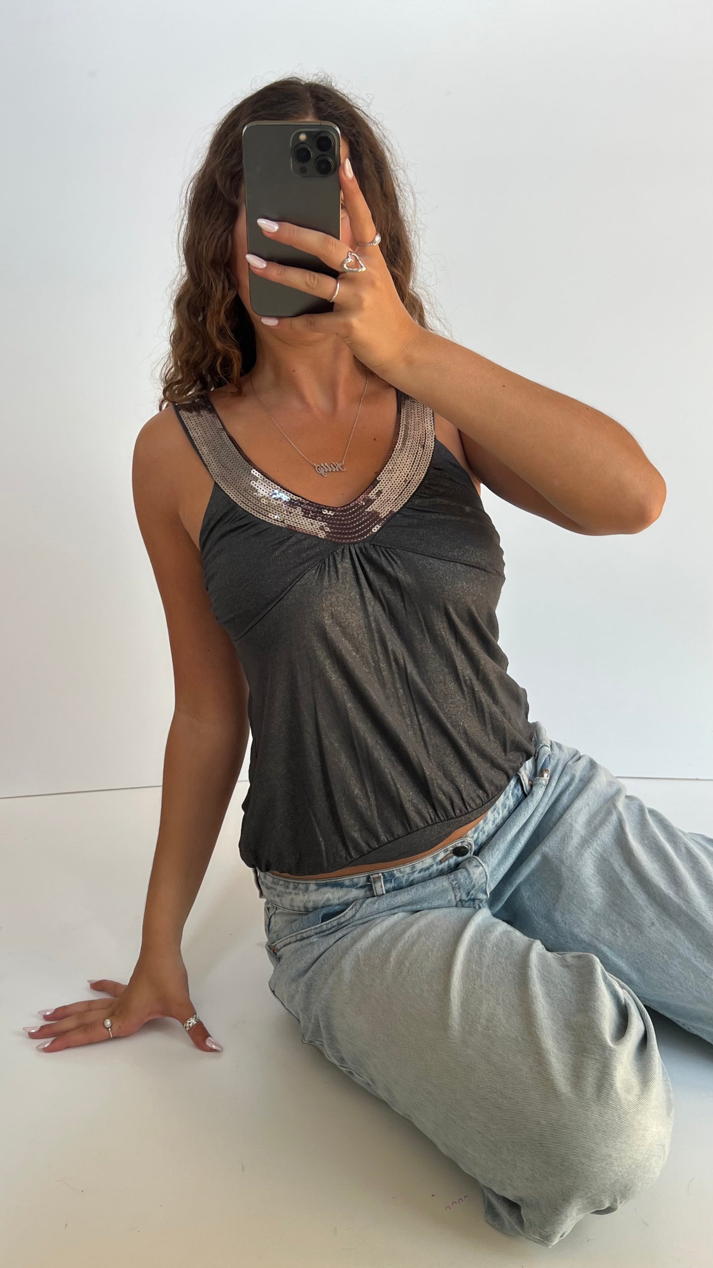 00s grey sequin babydoll top- size M