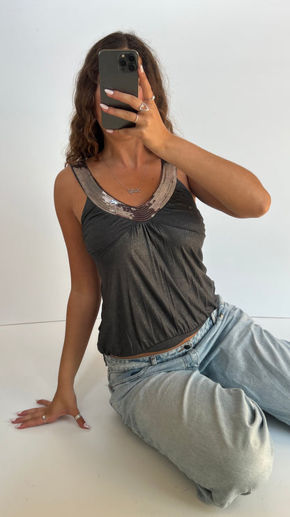 00s grey sequin babydoll top- size M