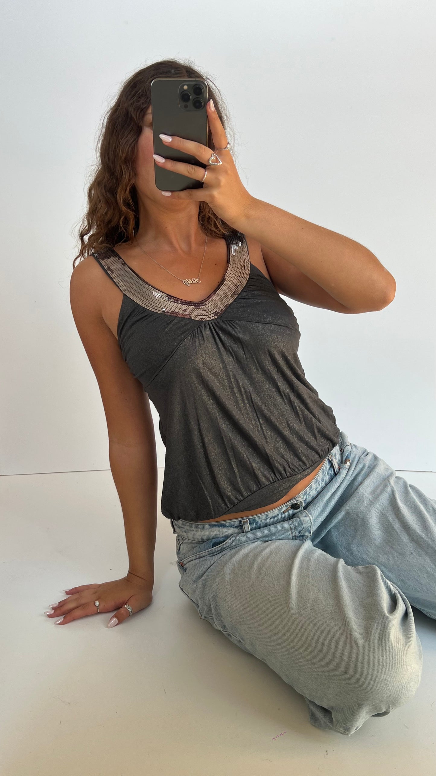 00s grey sequin babydoll top- size M