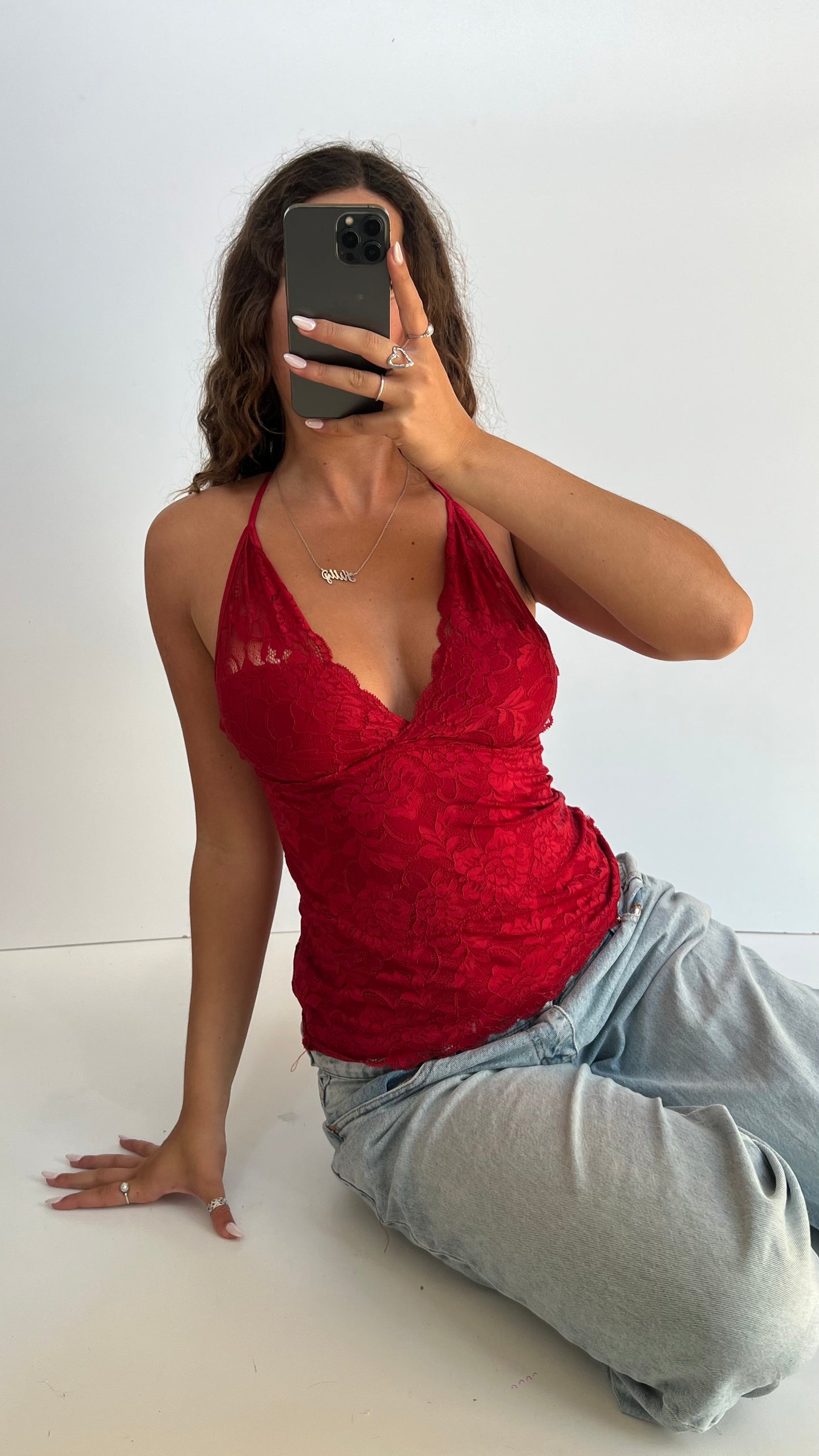 00s red backless lace cami- size S