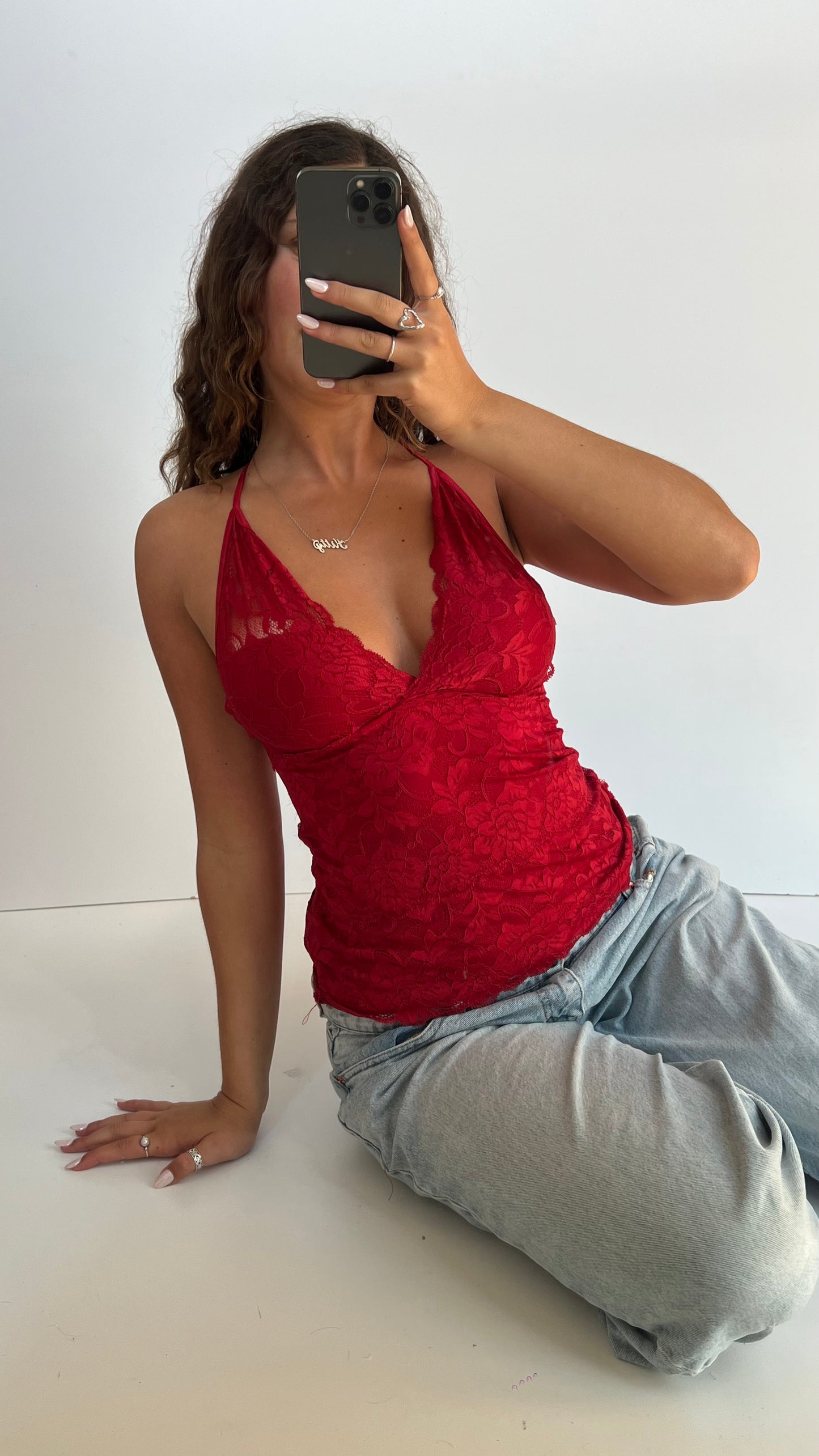 00s red backless lace cami- size S