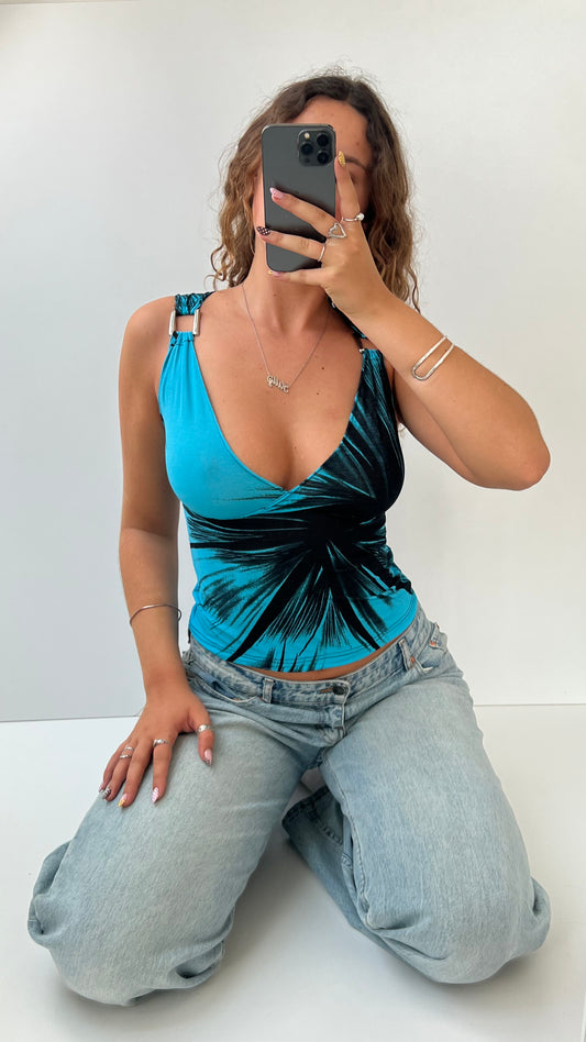 00s blue patterned metal top- size S
