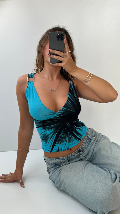 00s blue patterned metal top- size S