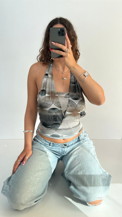 00s grey brown patterned top- size L