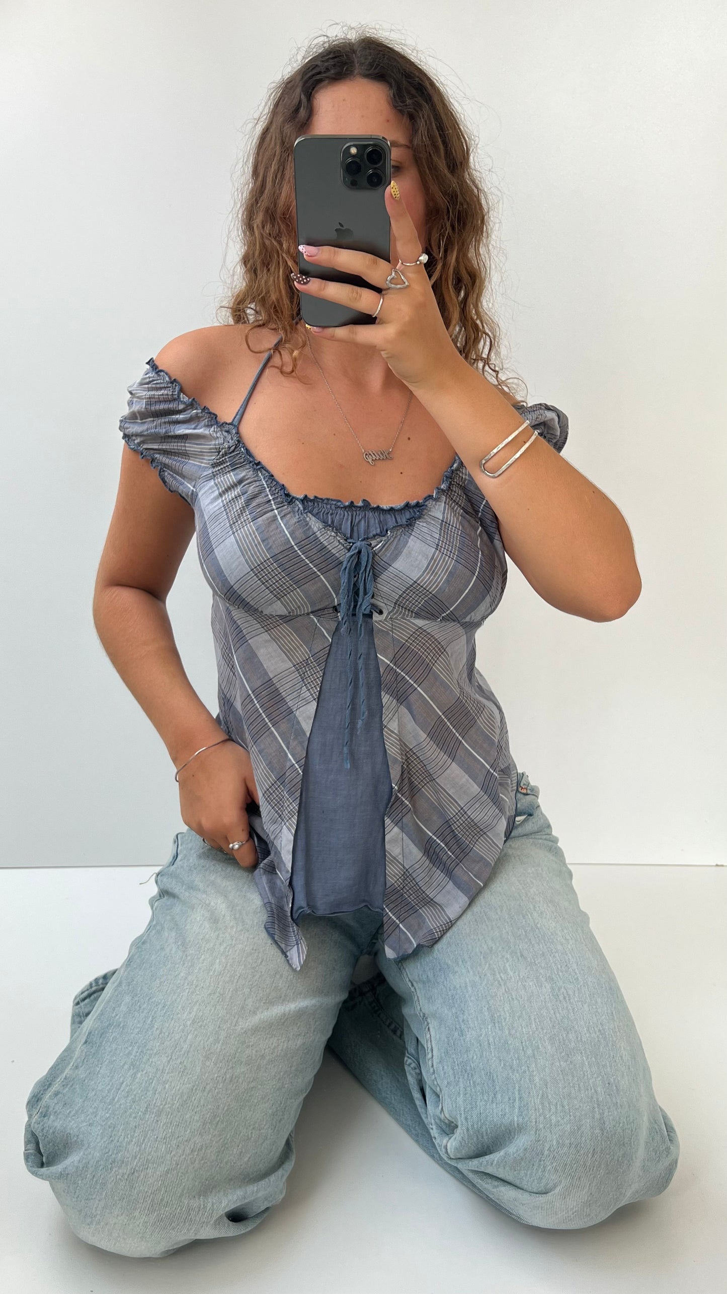 00s blue gingham babydoll top- size L