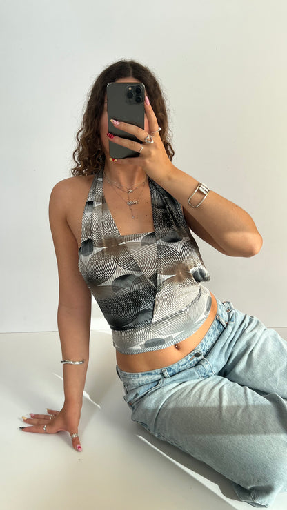 00s grey brown patterned top- size L