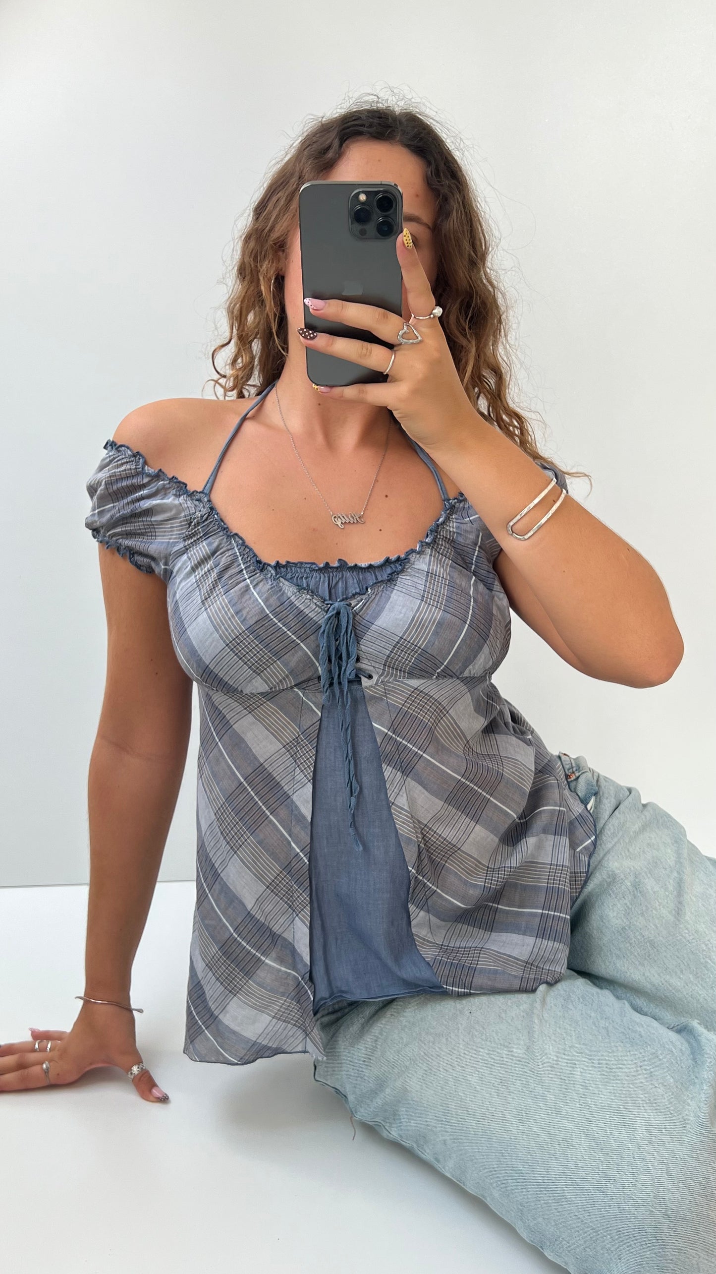 00s blue gingham babydoll top- size L