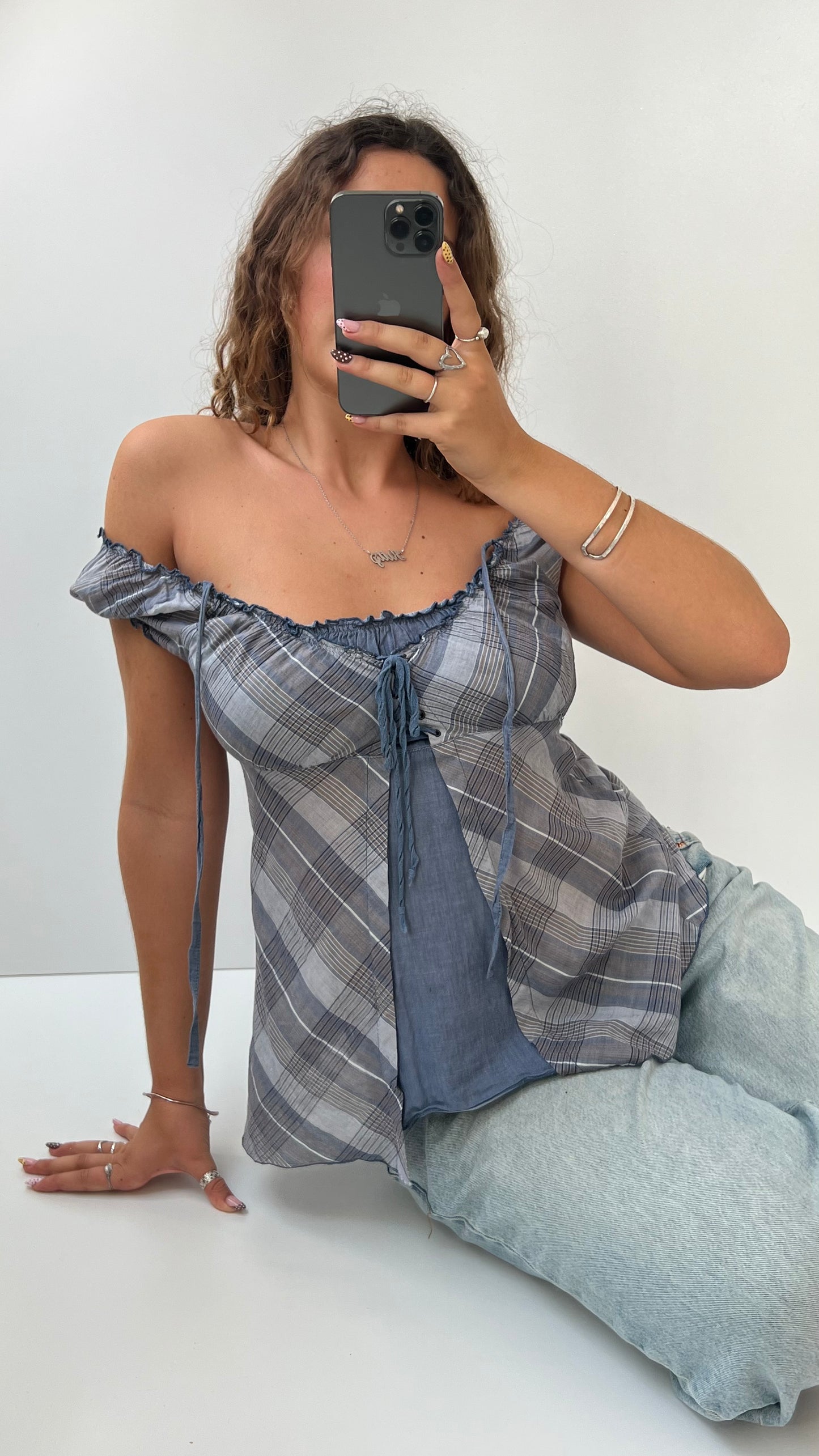 00s blue gingham babydoll top- size L