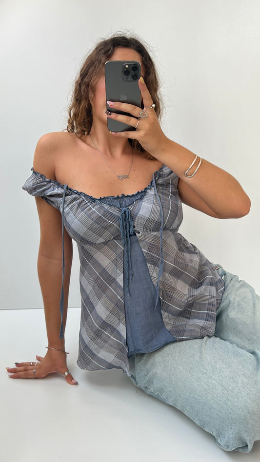 00s blue gingham babydoll top- size L