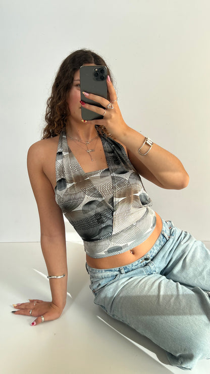 00s grey brown patterned top- size L