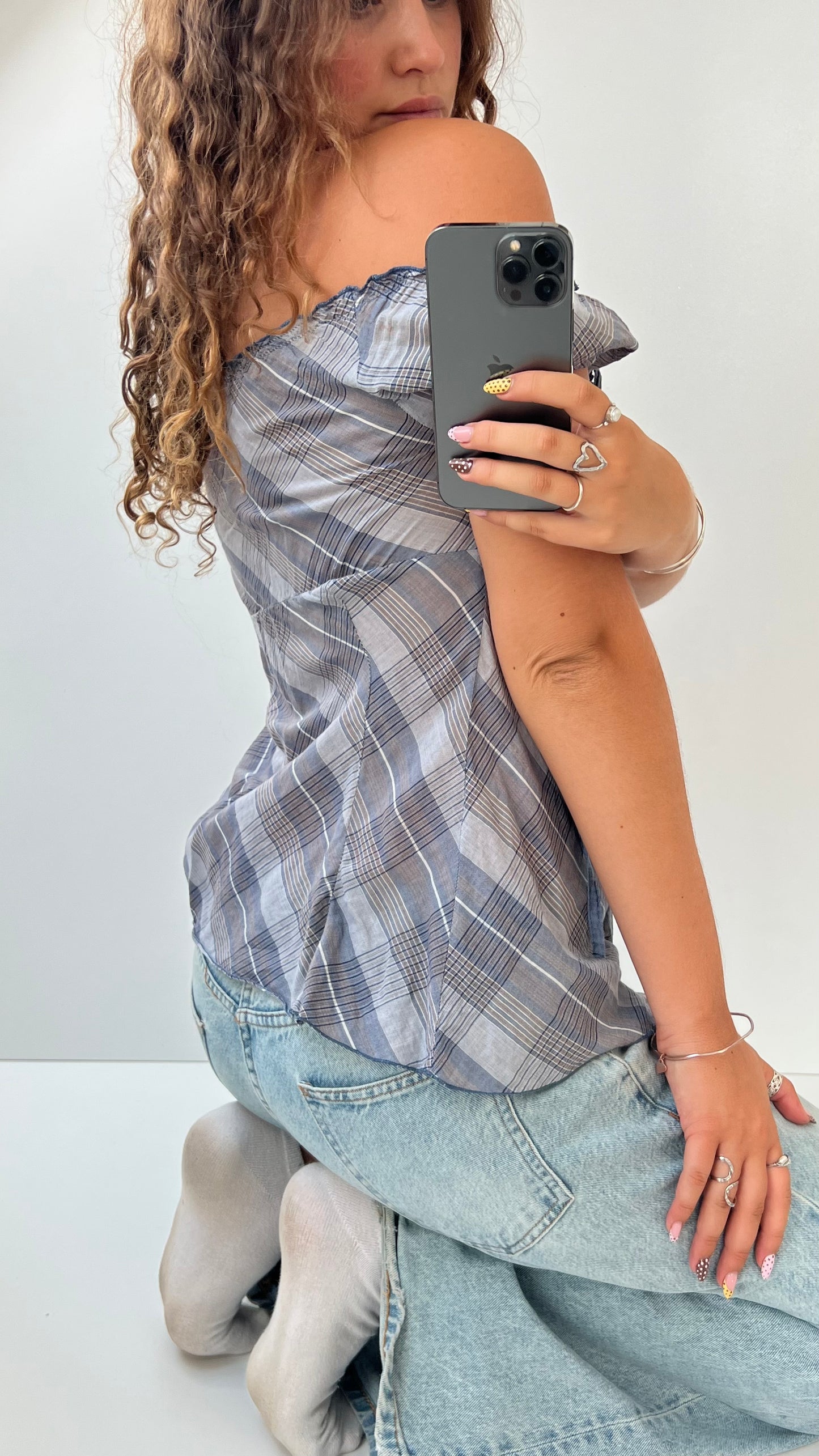 00s blue gingham babydoll top- size L