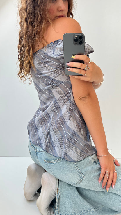 00s blue gingham babydoll top- size L