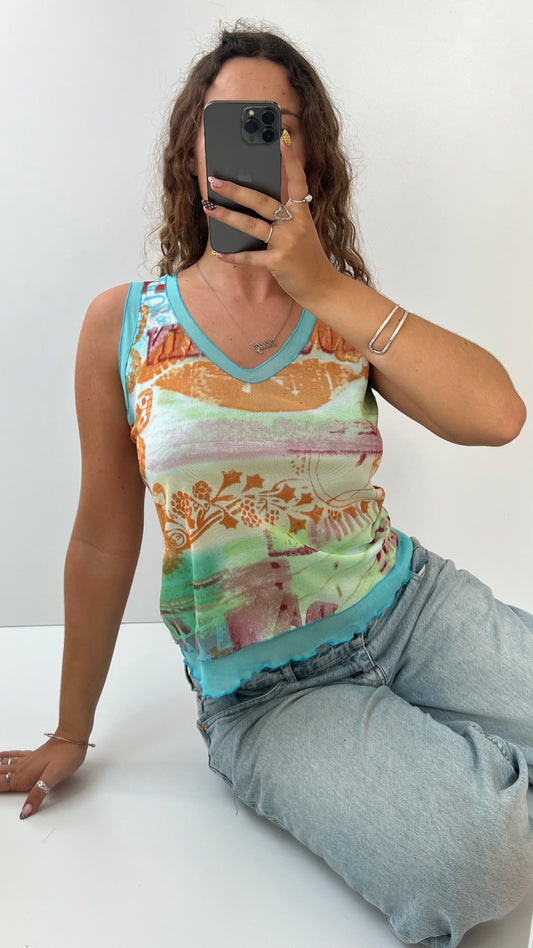 00s blue patterned mesh top- size L