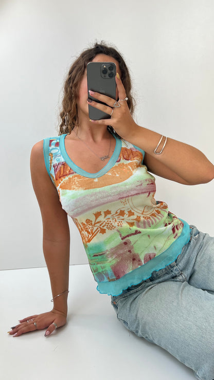 00s blue patterned mesh top- size L