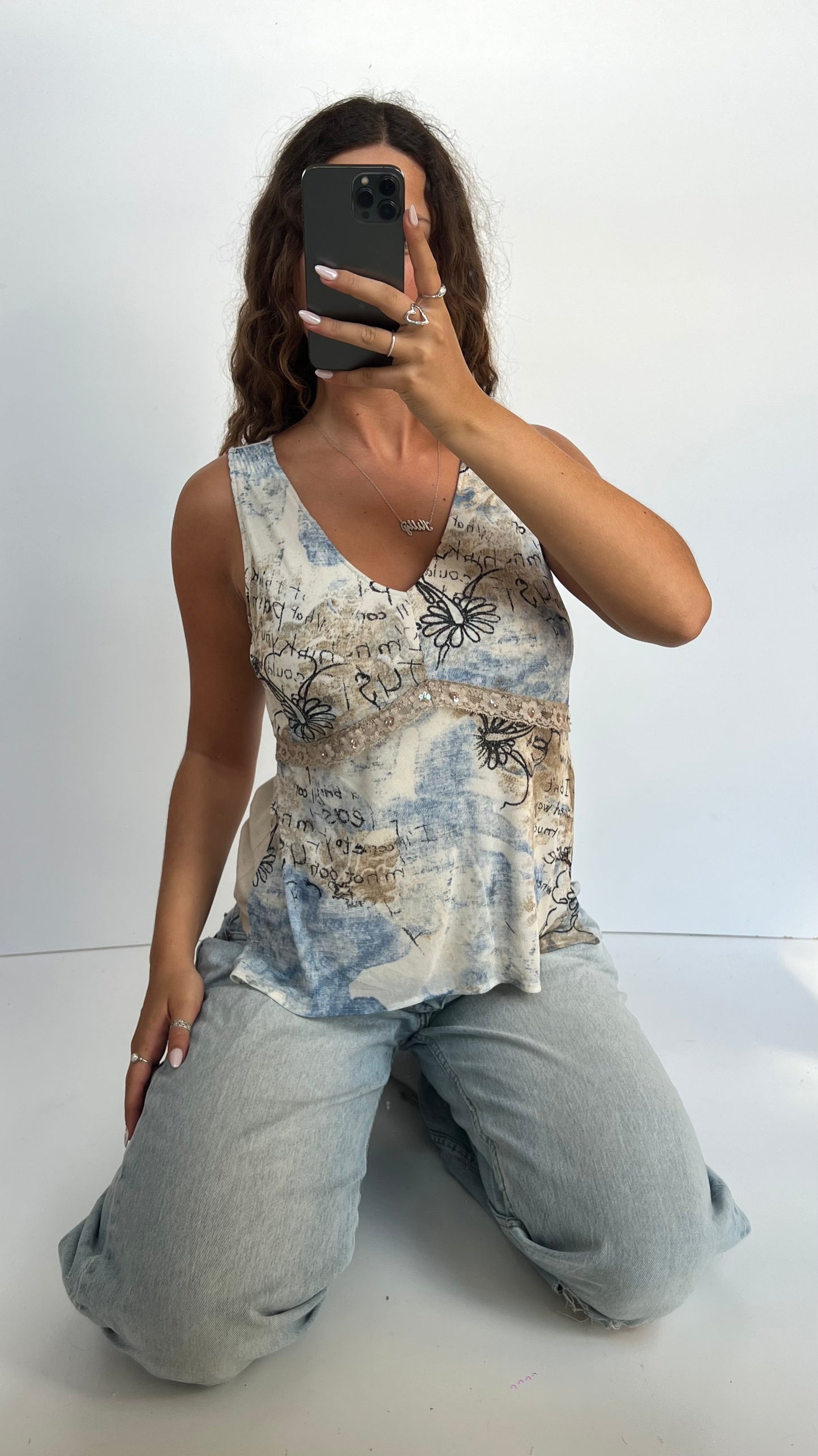 00s blue brown mesh top- size XL
