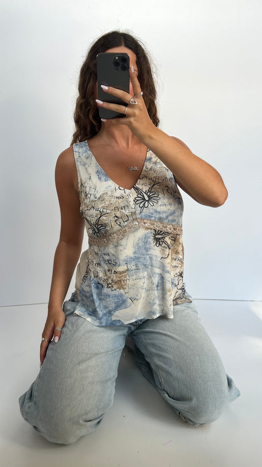 00s blue brown mesh top- size XL
