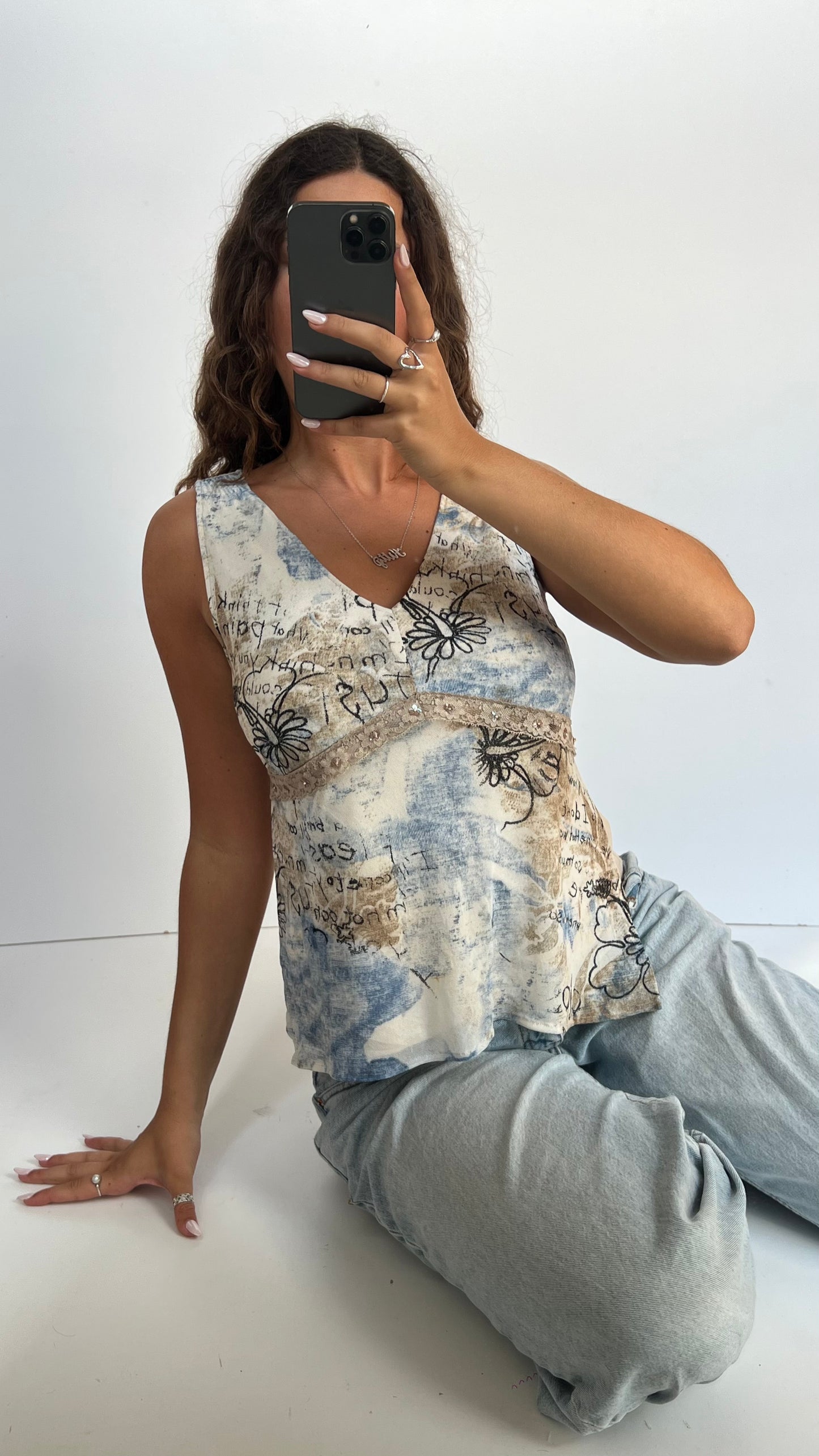 00s blue brown mesh top- size XL