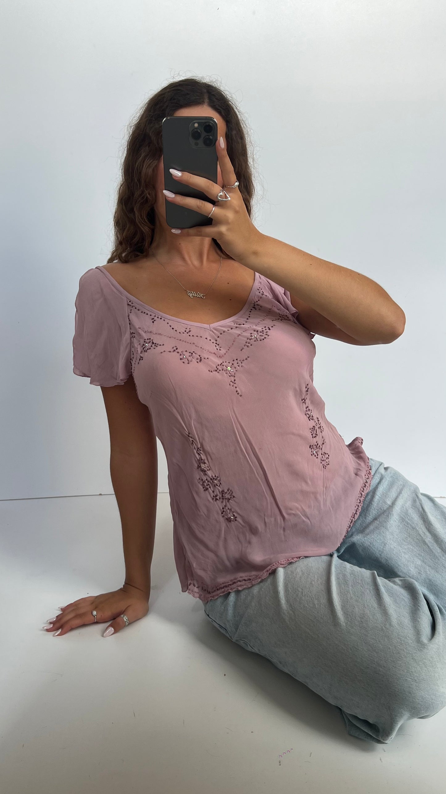 00s pink mesh sequin top- size L