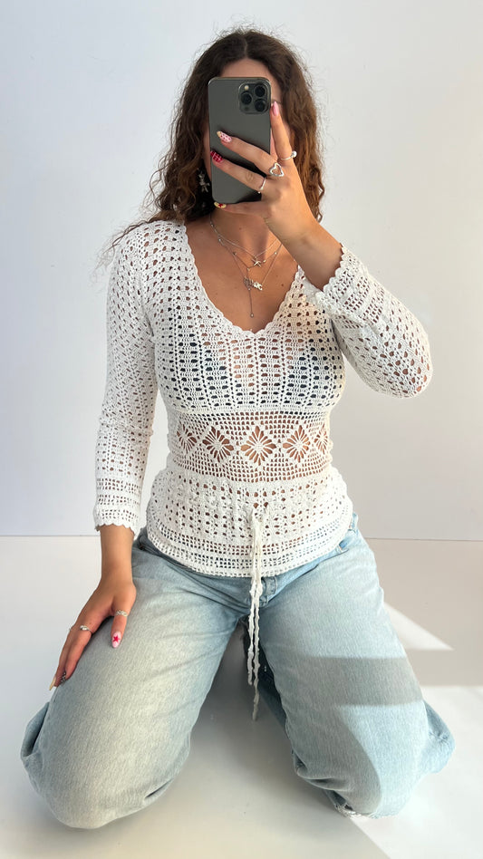 00s white crochet long sleeve top- size S