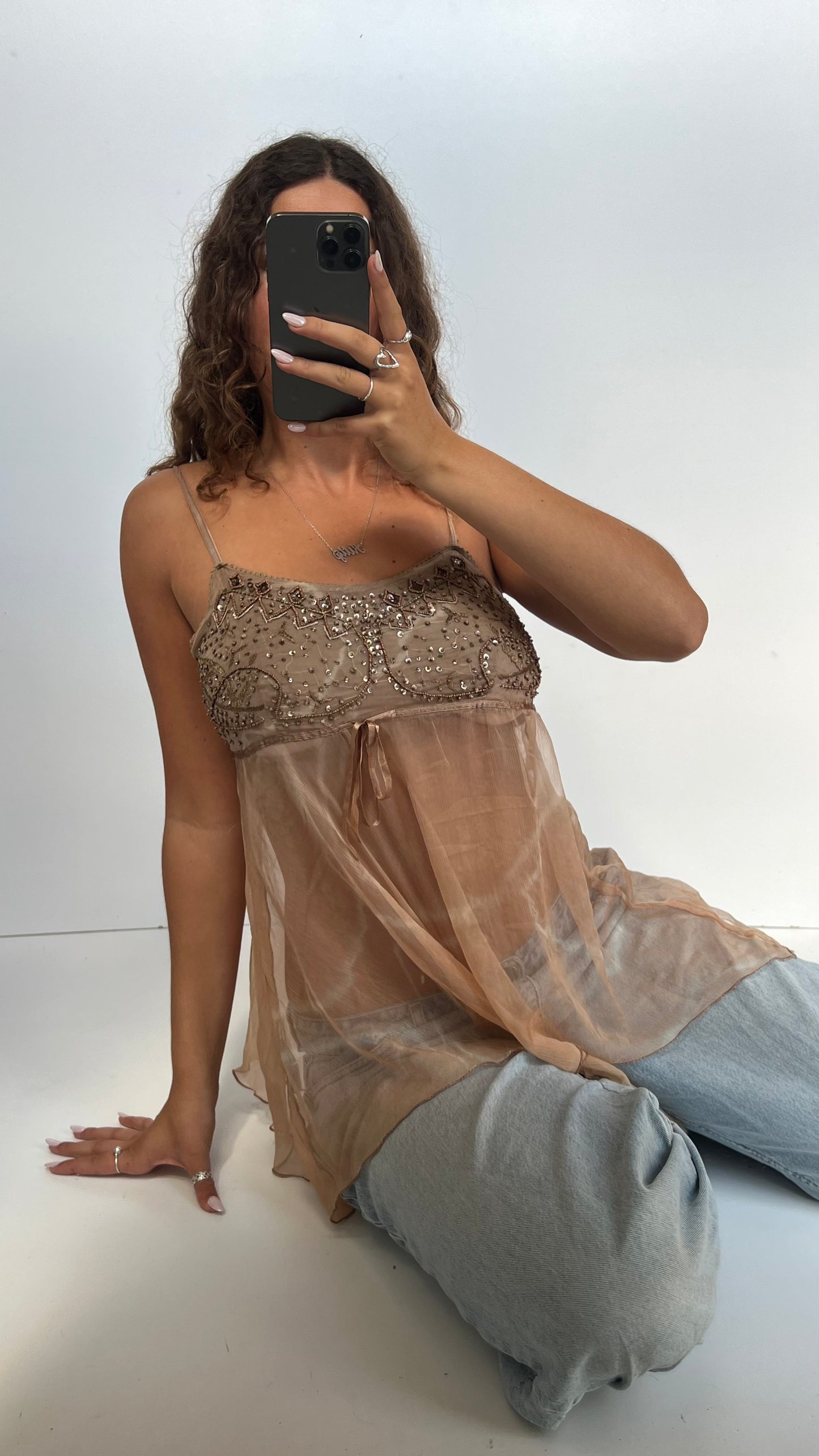 00s brown beaded babydoll cami- size L