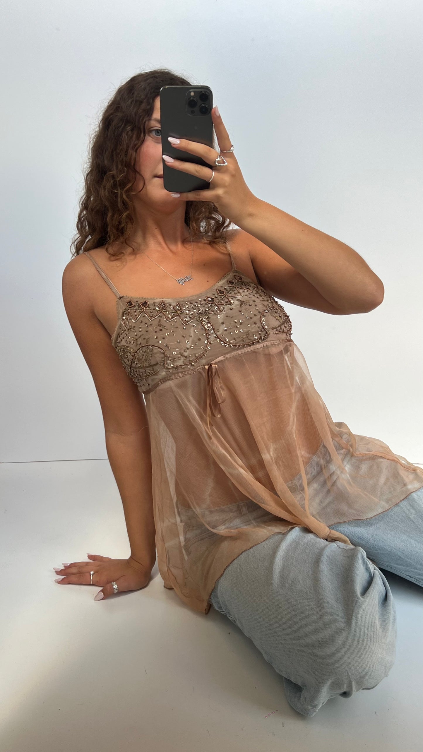 00s brown beaded babydoll cami- size L