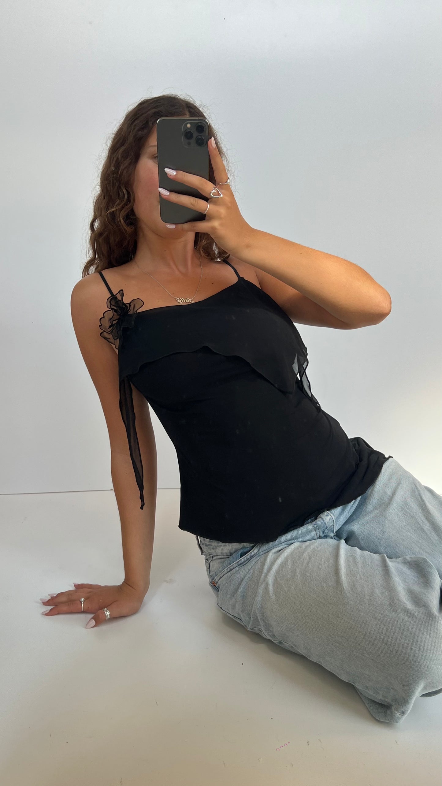 00s black asymmetric cami- size M