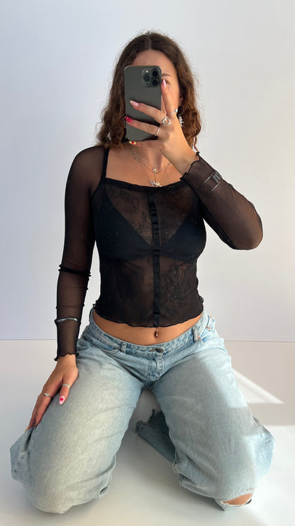 00s black mesh long sleeve top- size S
