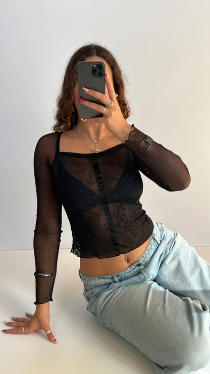 00s black mesh long sleeve top- size S