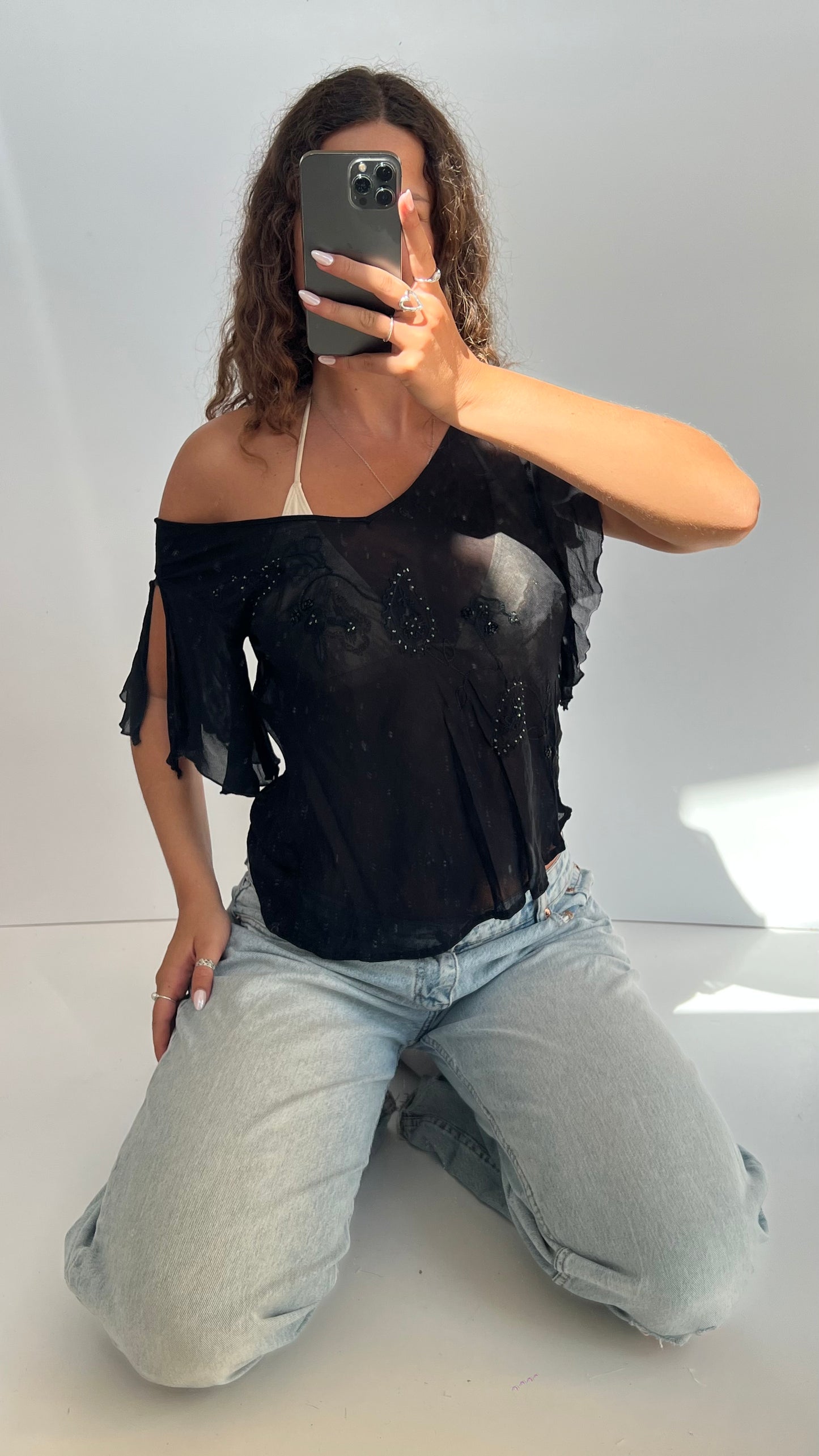 00s black mesh paisley top- size M