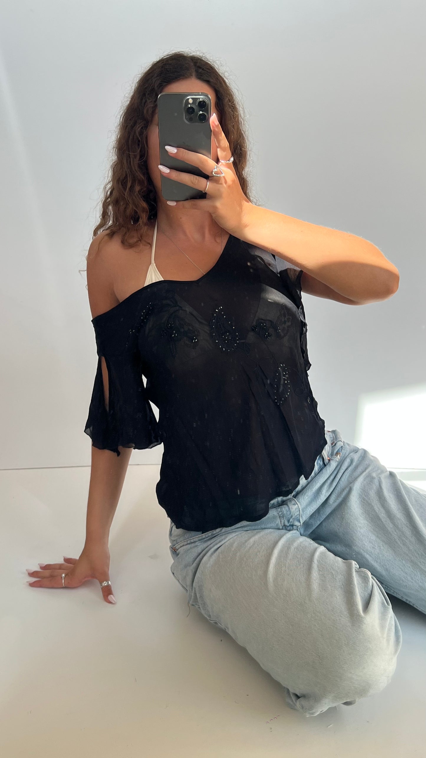 00s black mesh paisley top- size M