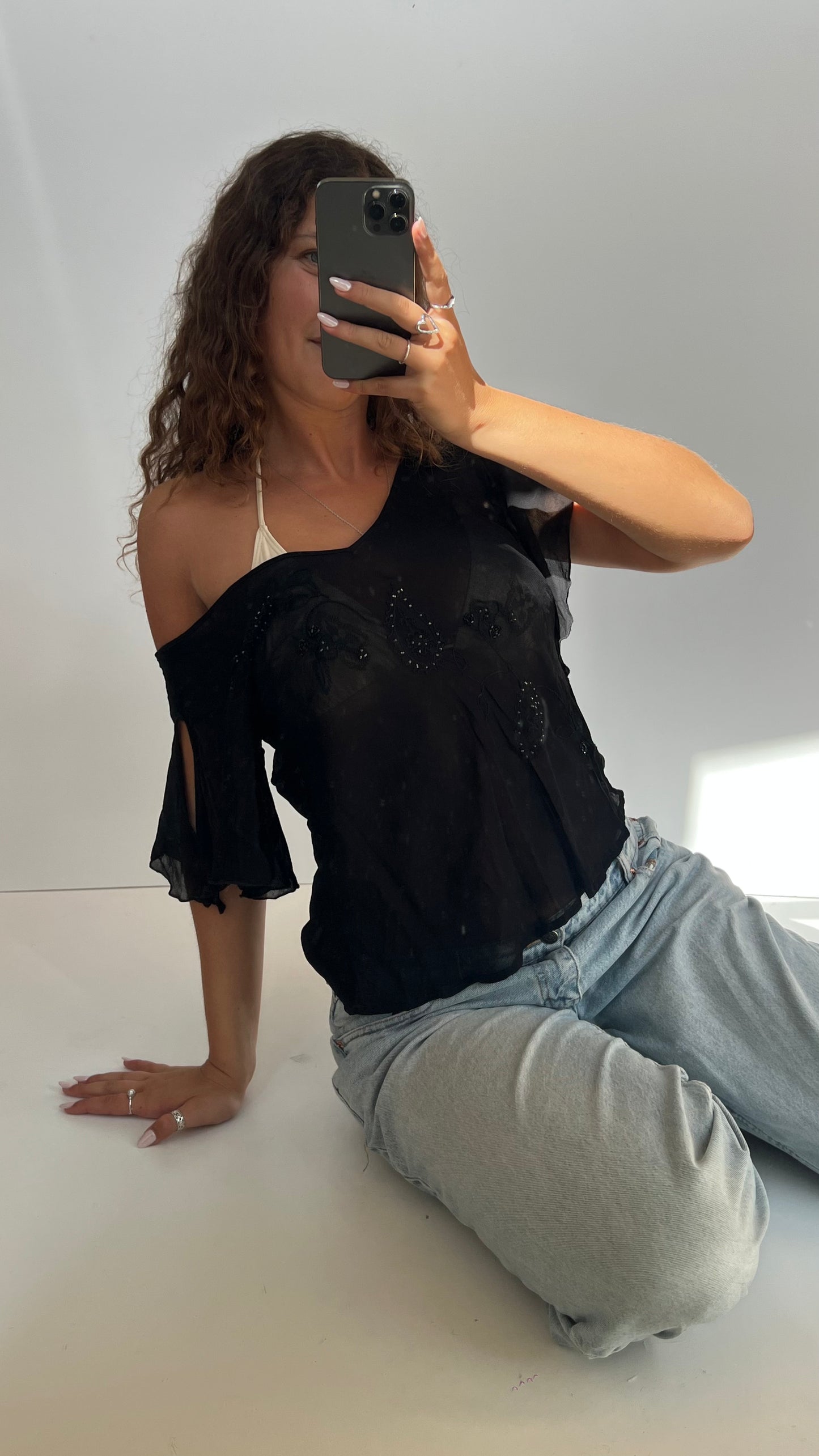 00s black mesh paisley top- size M