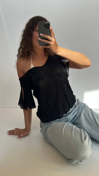00s black mesh paisley top- size M