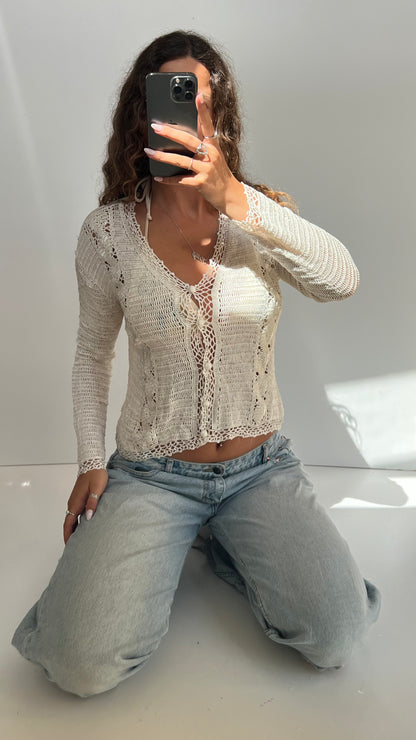 00s white crochet sequin top- size L