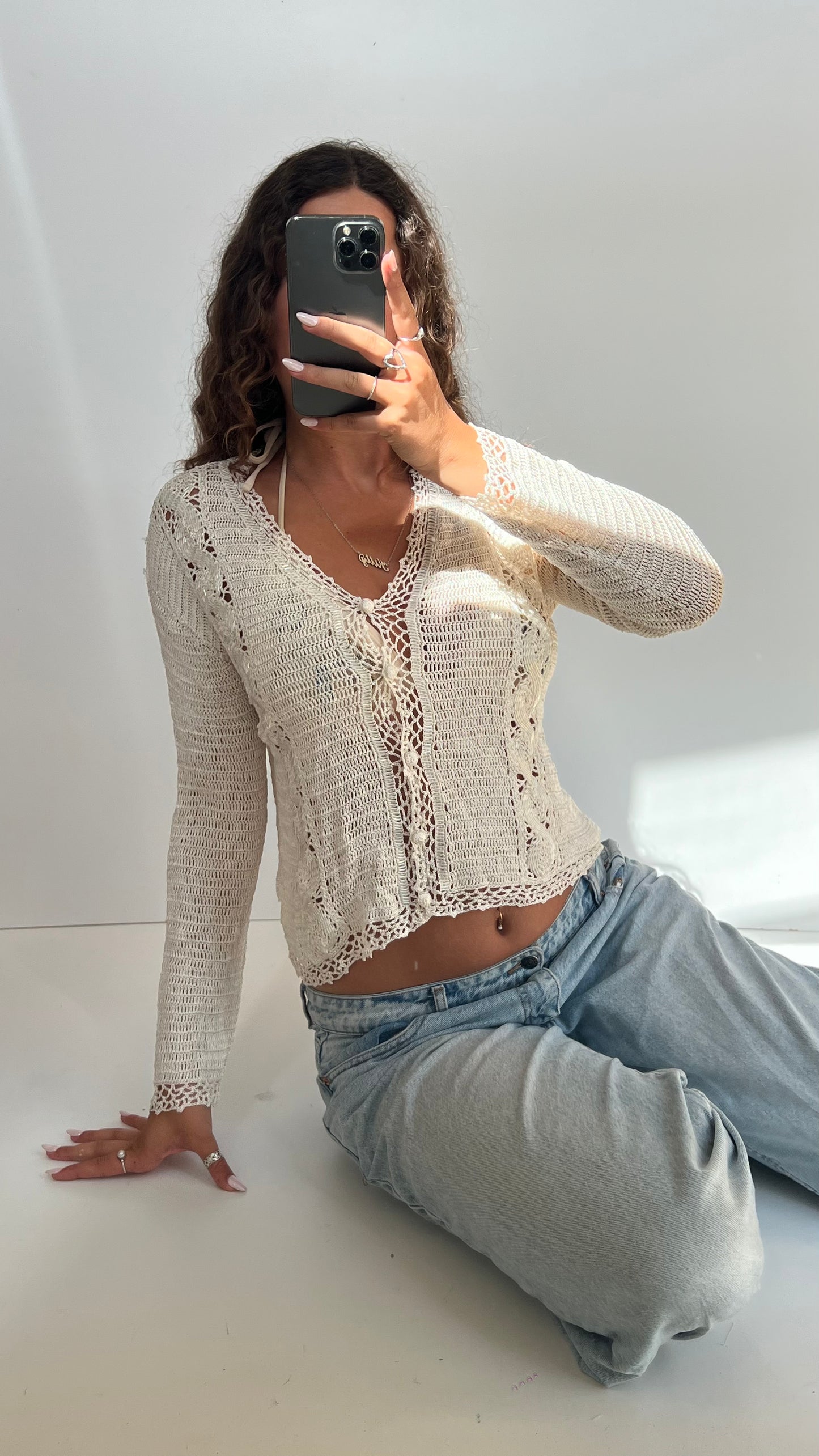 00s white crochet sequin top- size L