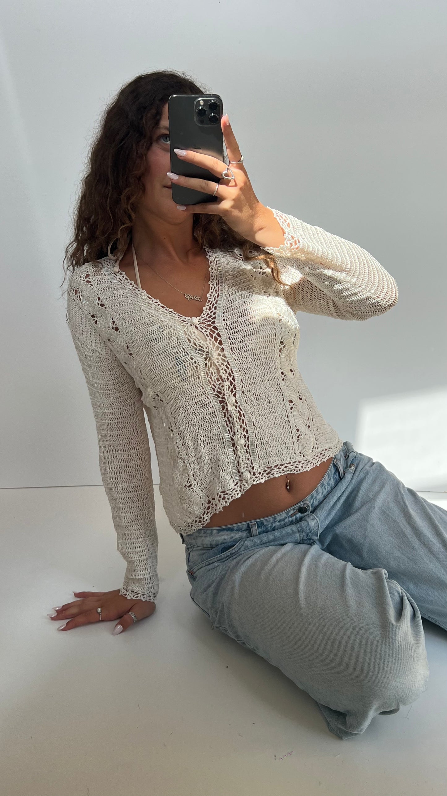 00s white crochet sequin top- size L