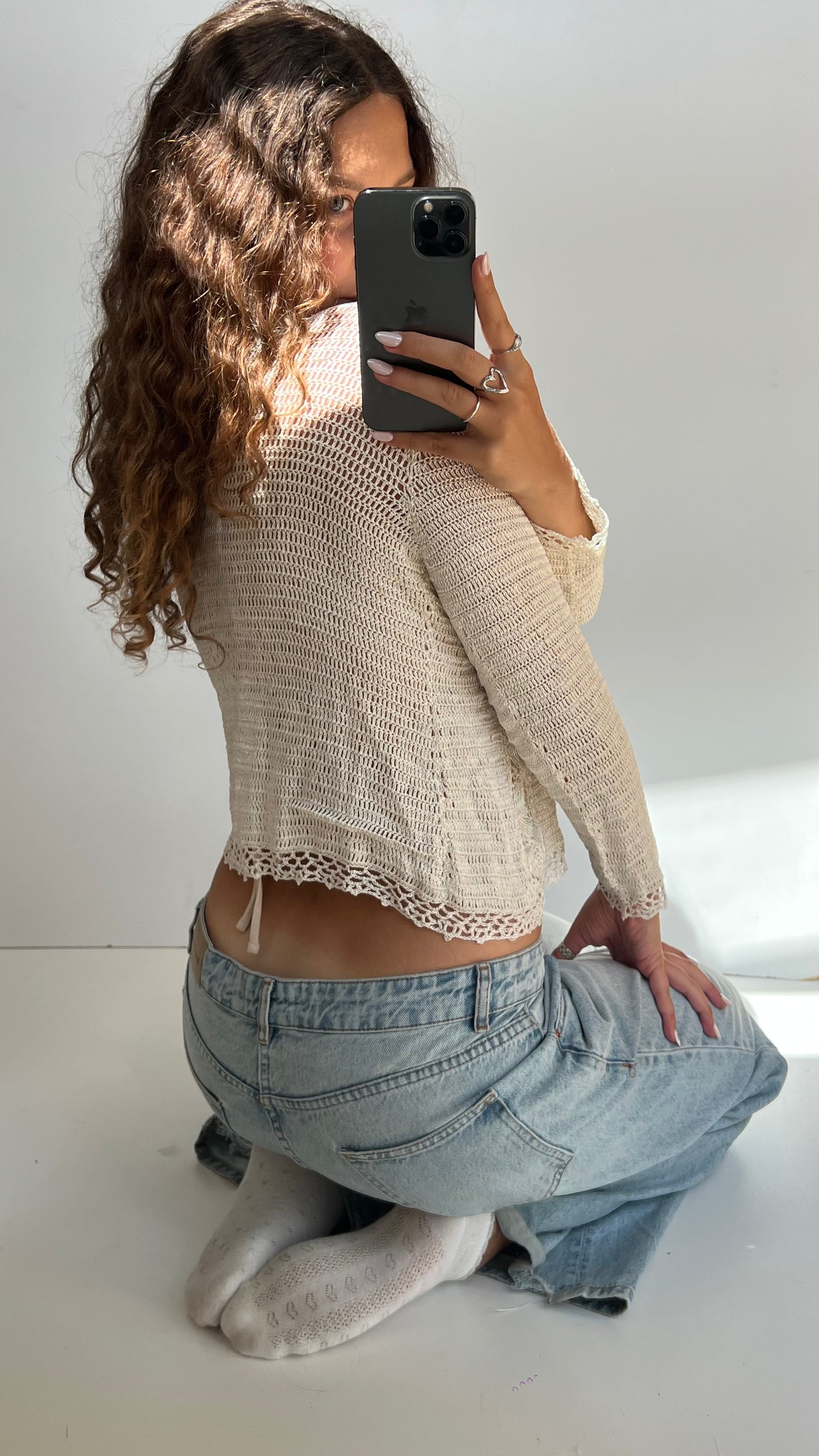 00s white crochet sequin top- size L