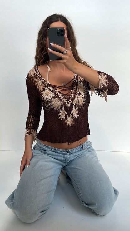 00s brown crochet top- size M