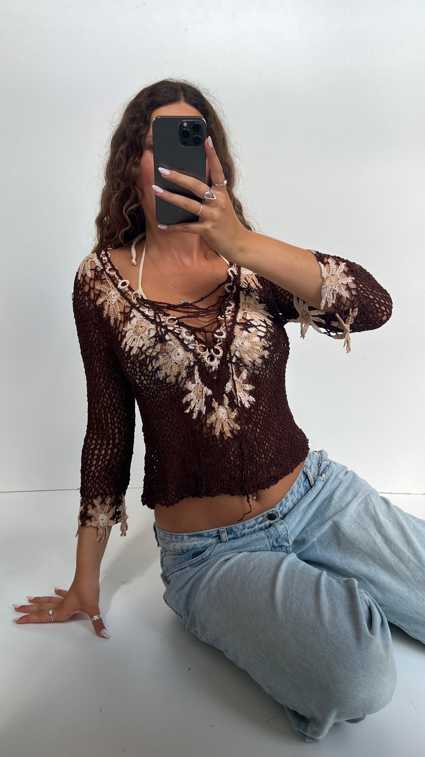 00s brown crochet top- size M