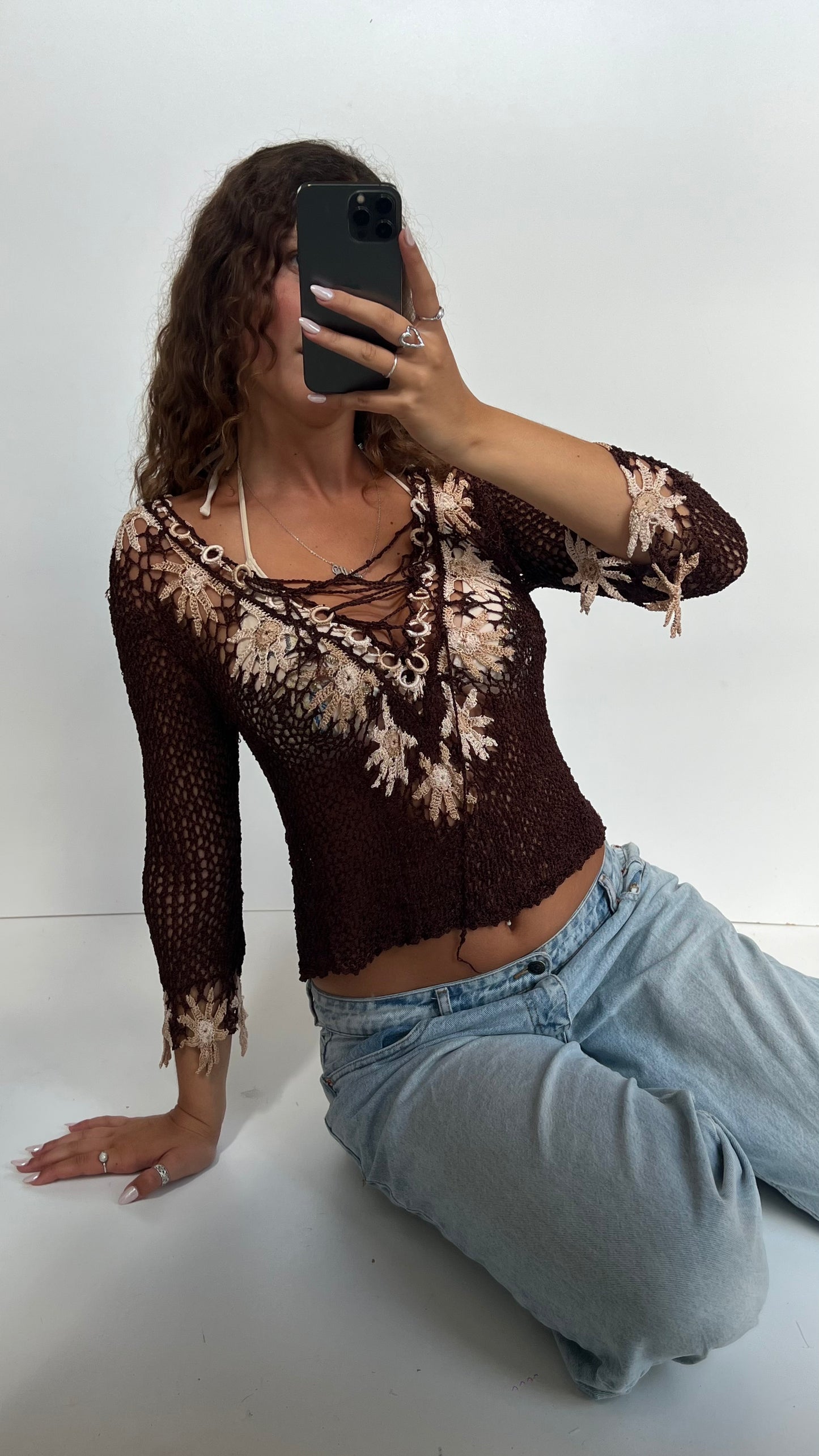 00s brown crochet top- size M
