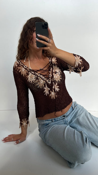 00s brown crochet top- size M