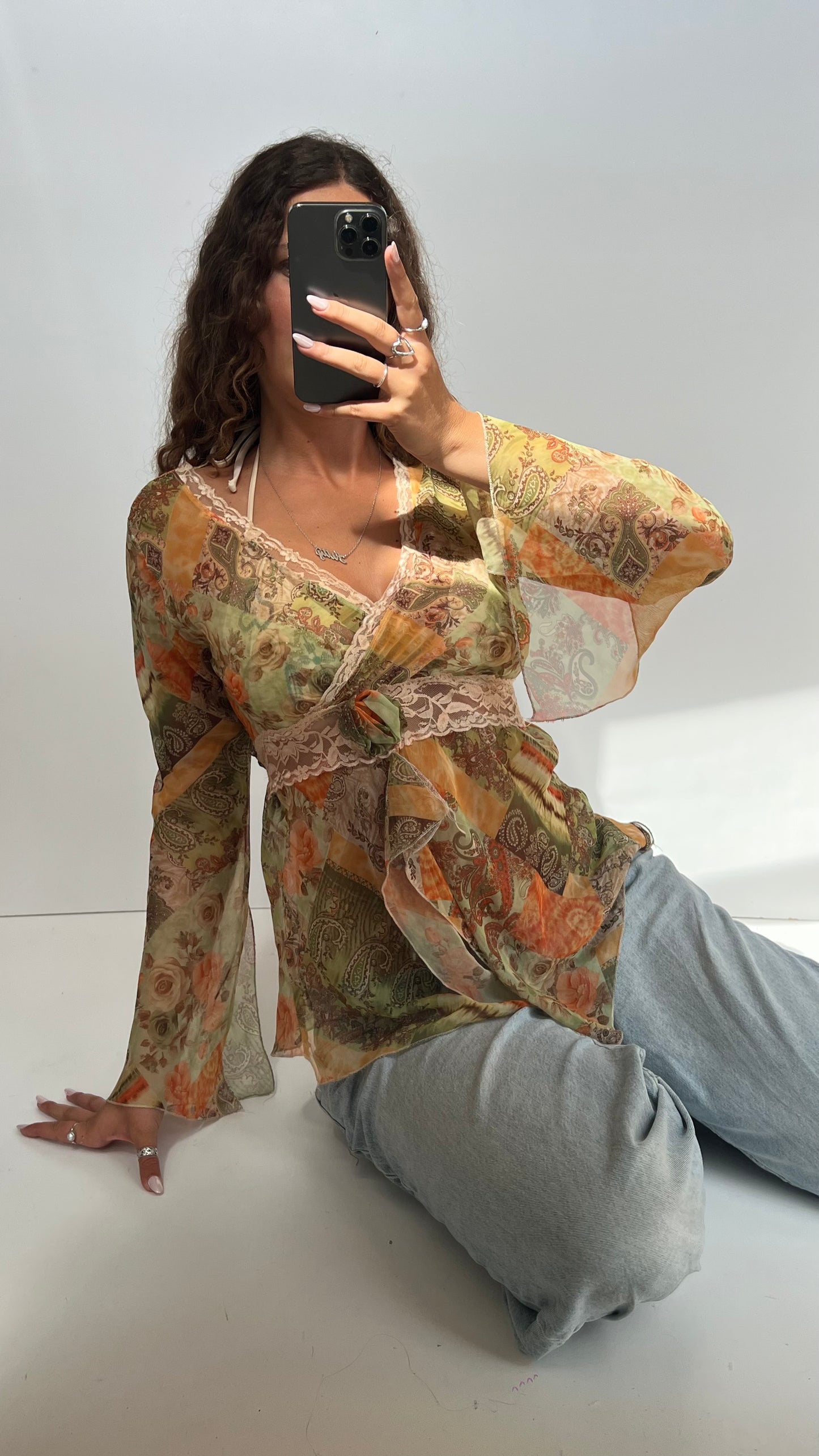 00s green orange paisley top- size L