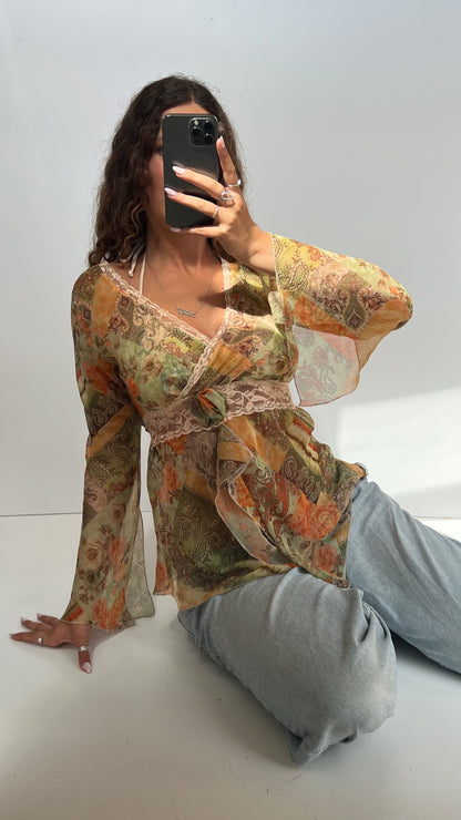 00s green orange paisley top- size L