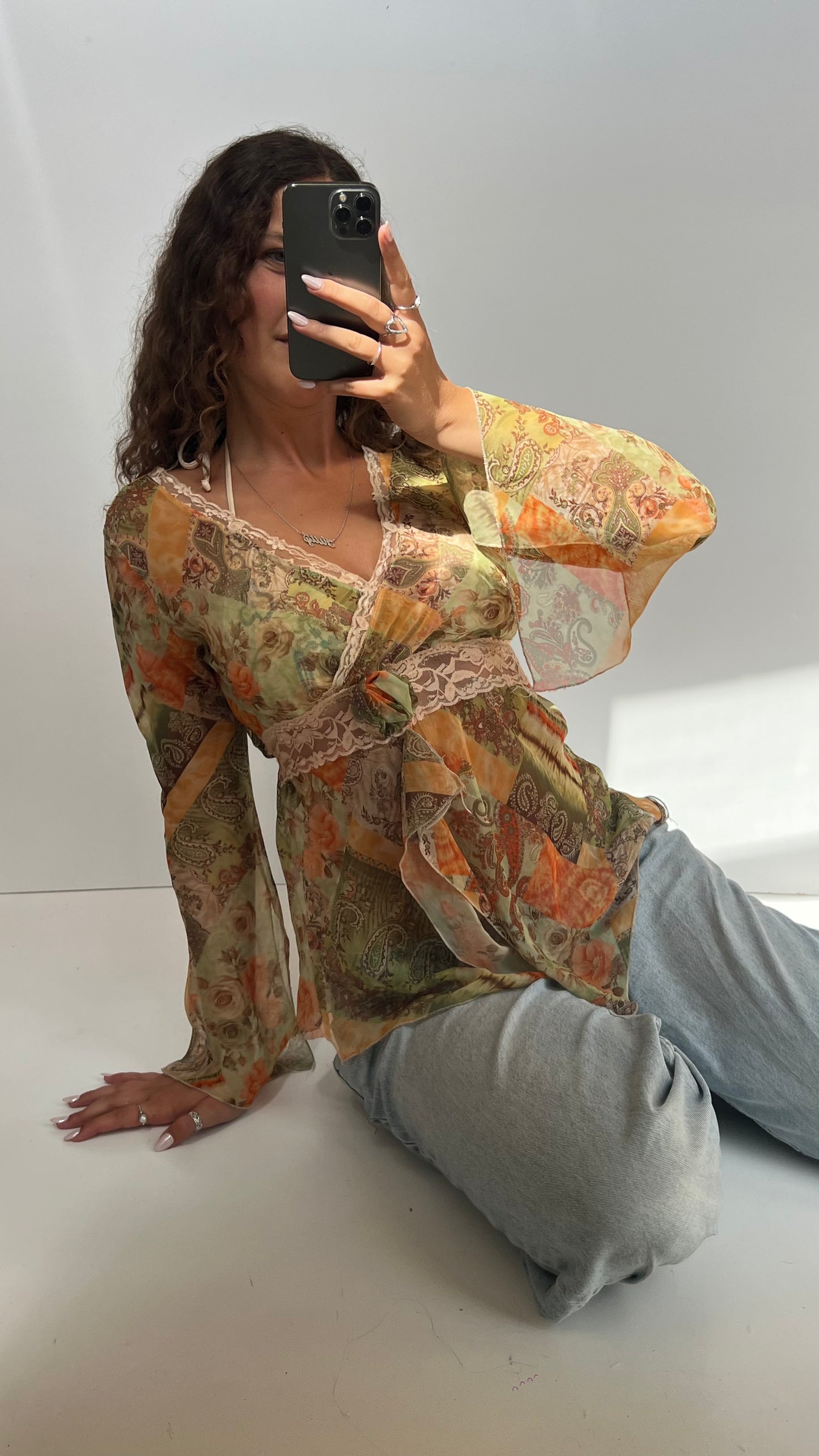 00s green orange paisley top- size L