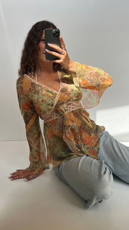 00s green orange paisley top- size L