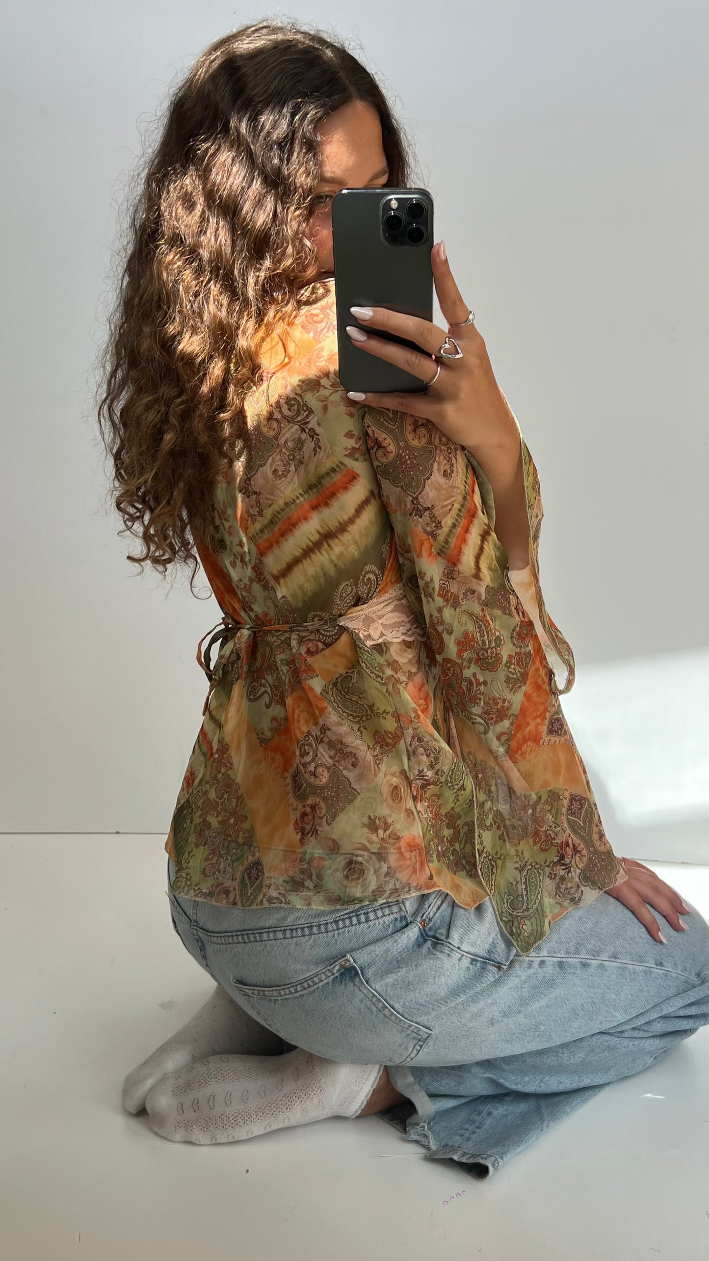 00s green orange paisley top- size L